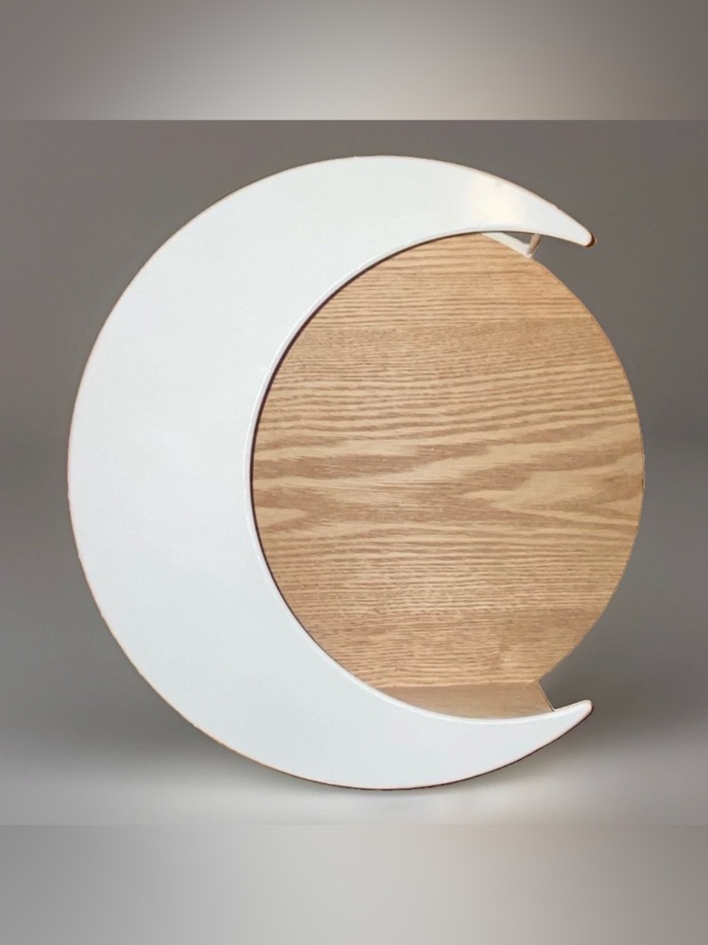 Crescent Moon Floating Wall Shelf🌜Oak Wood, White Metal Crystal Oil Display 14”